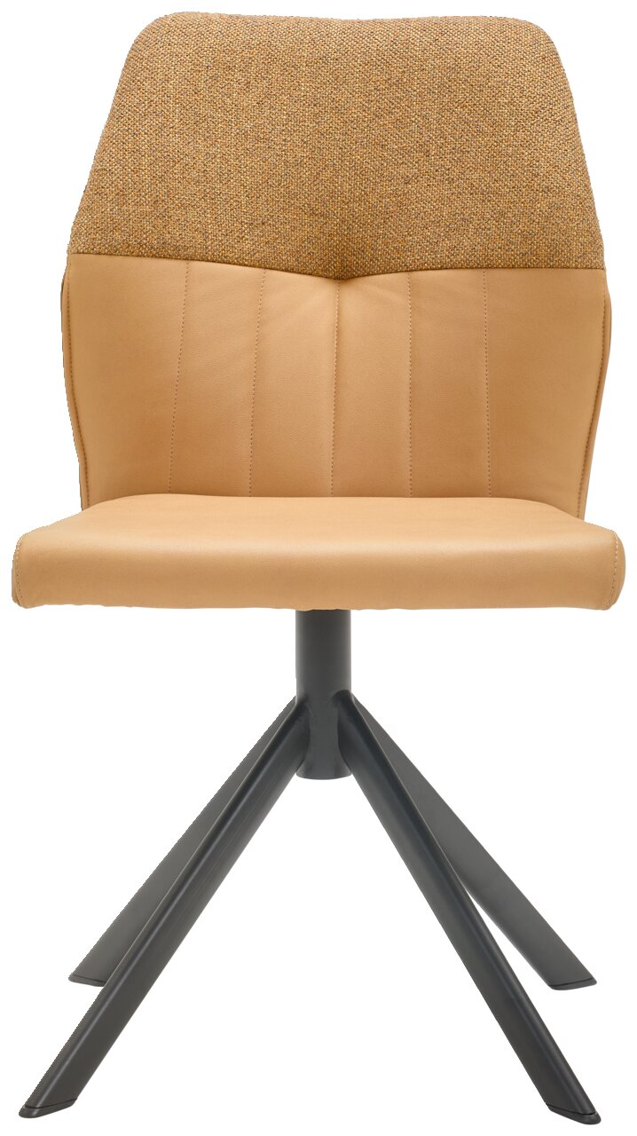 Moderner Stuhl mit beigem Sitz und Rückenlehne aus Stoff, auf schwarzem Metallgestell, Frontalansicht.