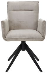 Frontansicht eines modernen Armlehnstuhls mit hellgrauem, geripptem Stoffbezug und schwarzem Metallgestell.