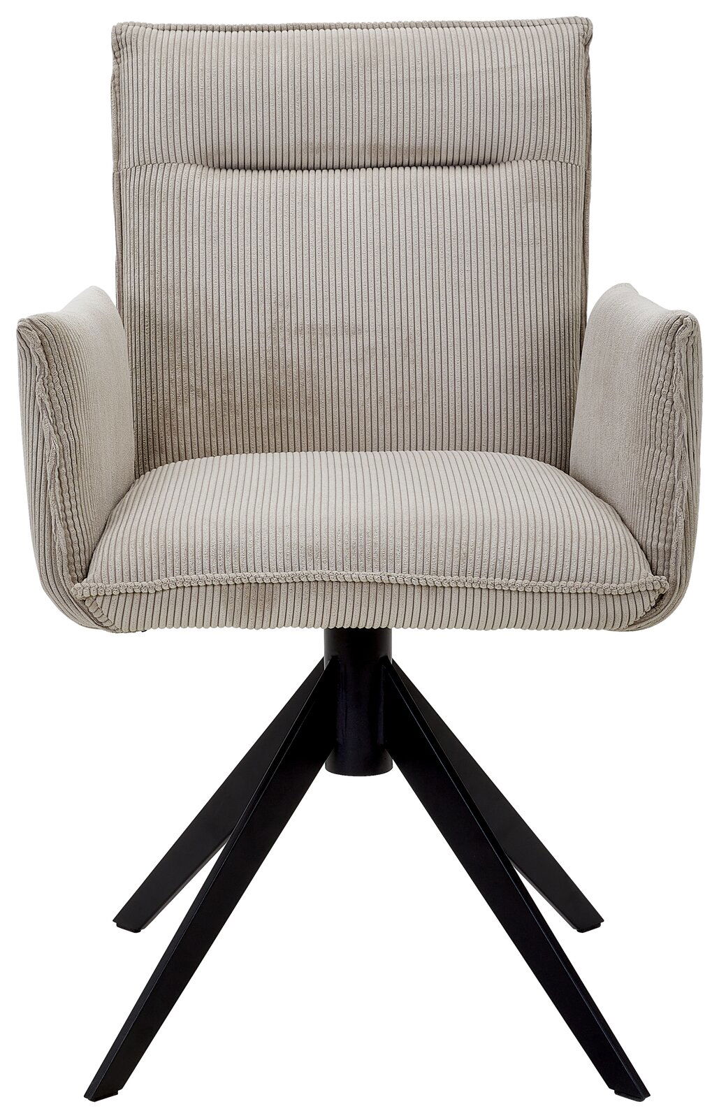 Frontansicht eines modernen Armlehnstuhls mit hellgrauem, geripptem Stoffbezug und schwarzem Metallgestell.