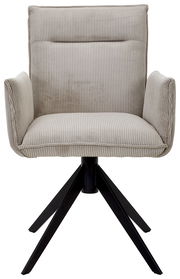 Frontansicht eines modernen Armlehnstuhls mit hellgrauem, geripptem Stoffbezug und schwarzem Metallgestell.