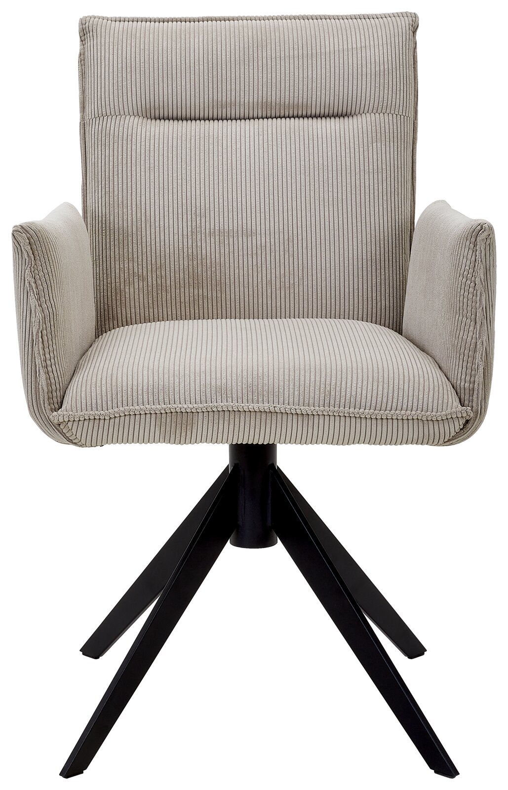 Frontansicht eines modernen Armlehnstuhls mit hellgrauem, geripptem Stoffbezug und schwarzem Metallgestell.