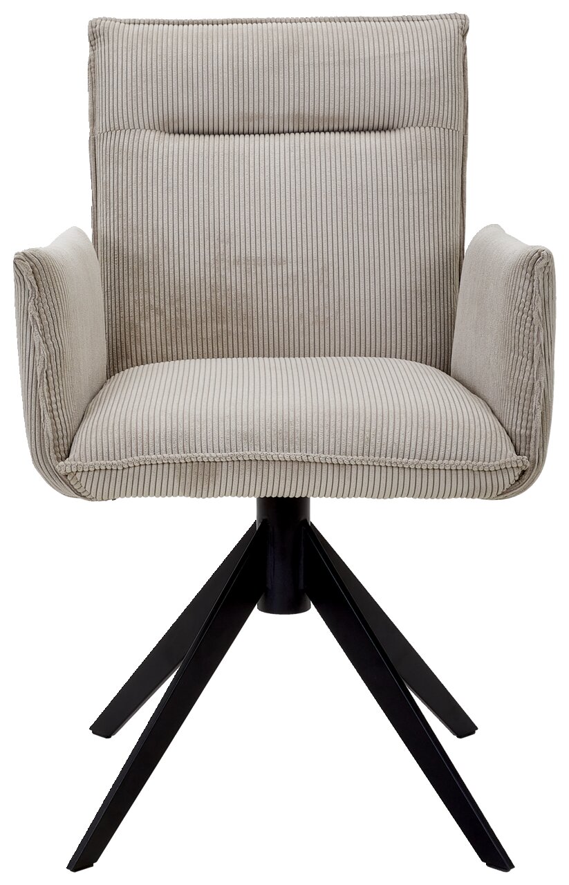 Frontansicht eines modernen Armlehnstuhls mit hellgrauem, geripptem Stoffbezug und schwarzem Metallgestell.