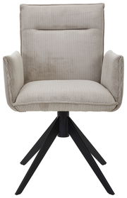 Frontansicht eines modernen Armlehnstuhls mit hellgrauem, geripptem Stoffbezug und schwarzem Metallgestell.