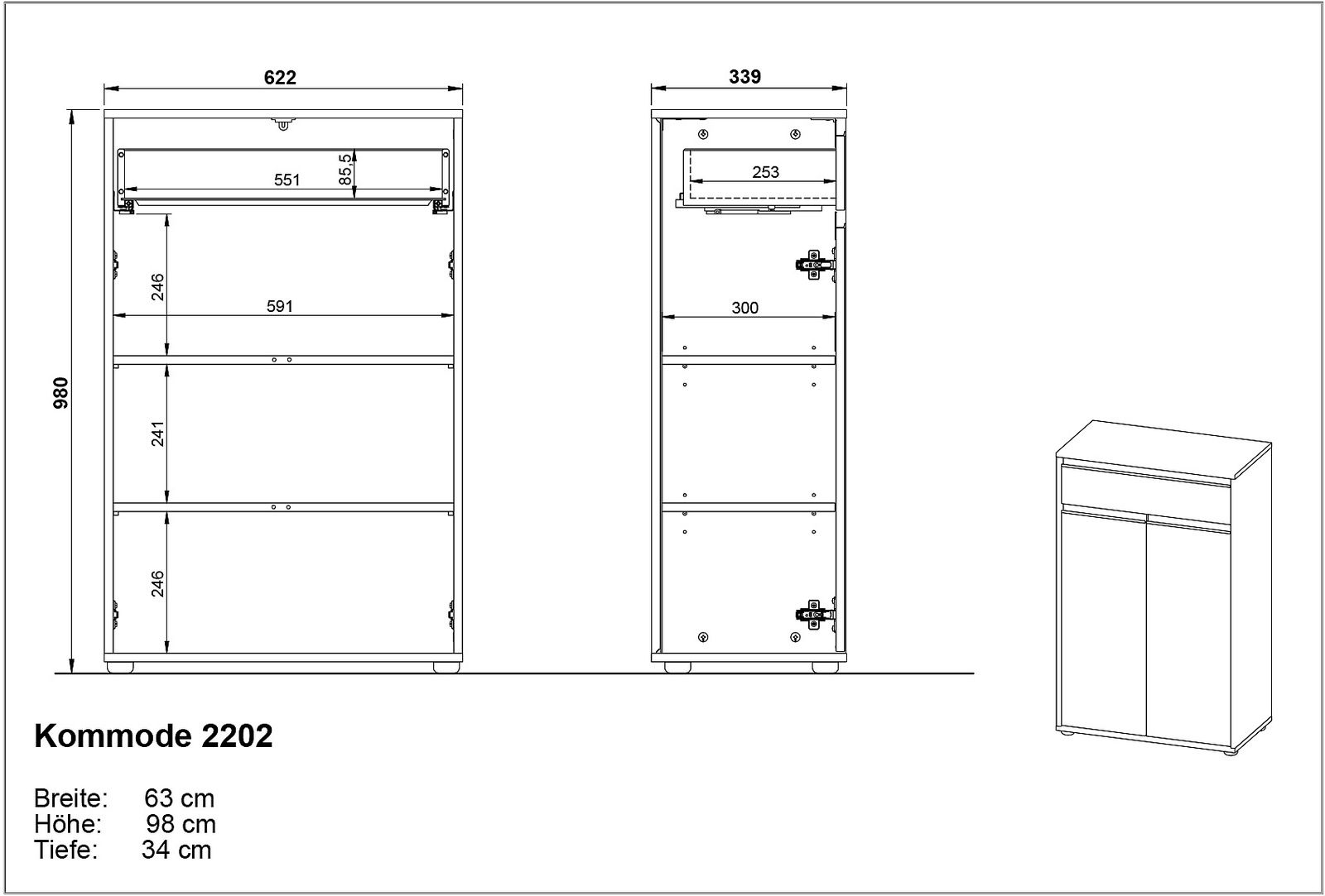 Technische Zeichnung einer Kommode mit den Maßen: Breite 63 cm, Höhe 98 cm, Tiefe 34 cm. Frontale und seitliche Ansicht.
