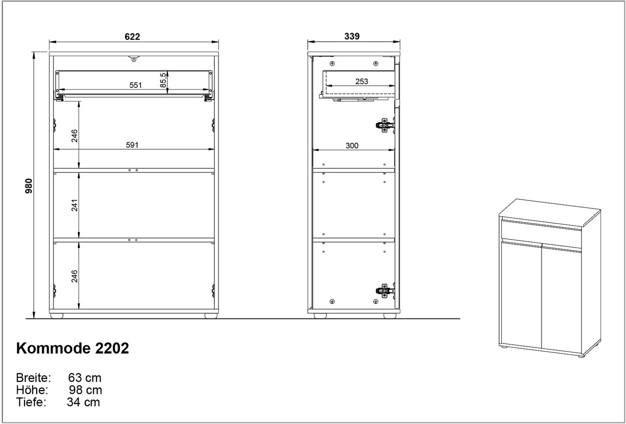 Technische Zeichnung einer Kommode mit den Maßen: Breite 63 cm, Höhe 98 cm, Tiefe 34 cm. Frontale und seitliche Ansicht.