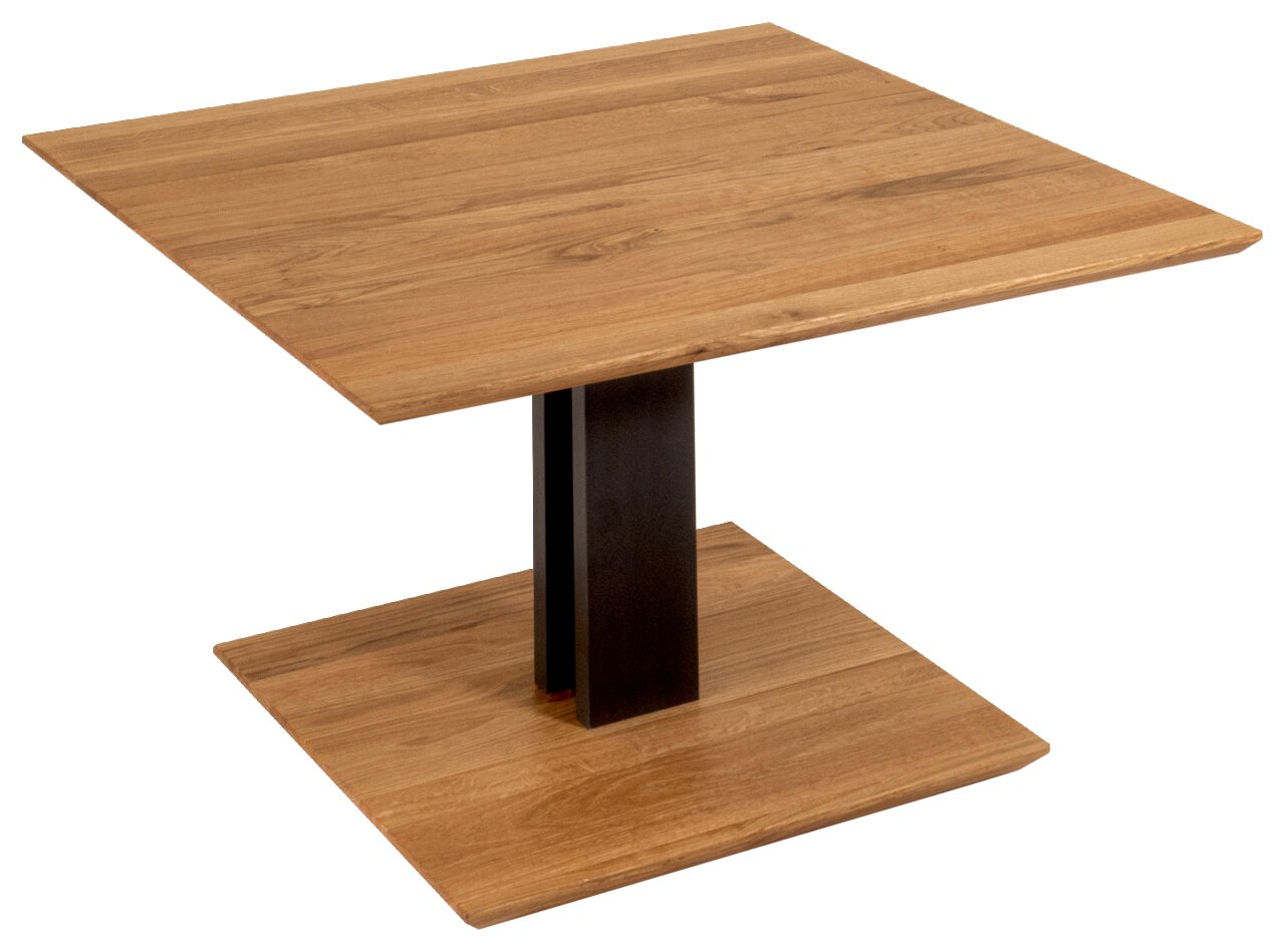 Moderner Couchtisch aus Holz mit quadratischer Tischplatte und schwarzem Mittelfuß, seitliche Perspektive