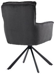 Rückansicht eines Sessels mit geripptem Stoffbezug und schwarzem Metallgestell.