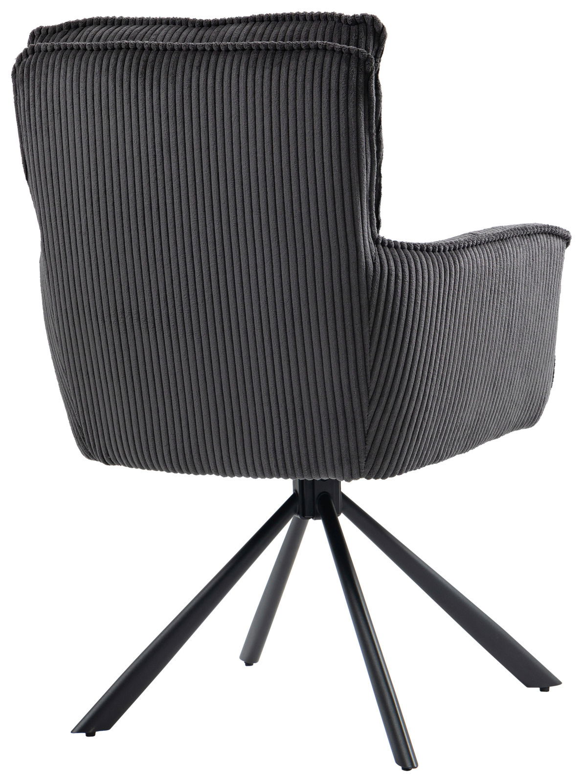 Rückansicht eines Sessels mit geripptem Stoffbezug und schwarzem Metallgestell.
