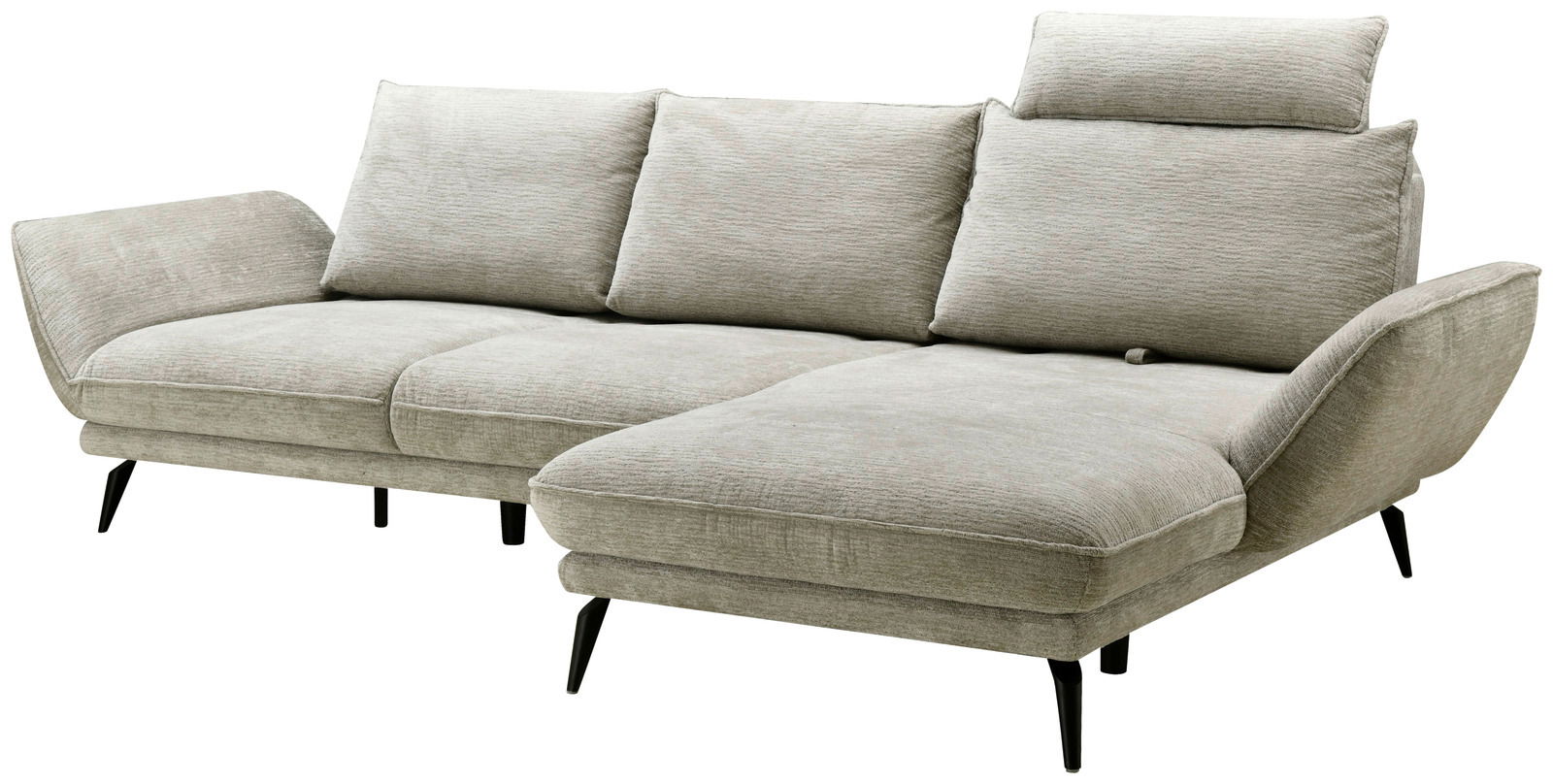 Graues Longchair-Sofa mit drei Rückenkissen und verstellbarer Kopfstütze, seitliche Perspektive