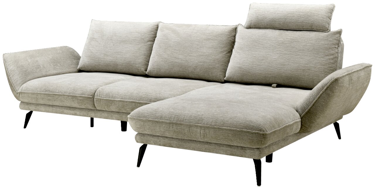 Graues Longchair-Sofa mit drei Rückenkissen und verstellbarer Kopfstütze, seitliche Perspektive