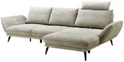Graues Longchair-Sofa mit drei Rückenkissen und verstellbarer Kopfstütze, seitliche Perspektive