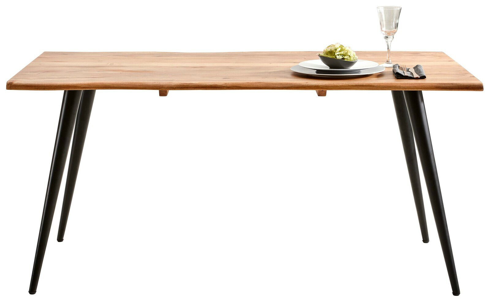 Moderner Esstisch aus Holz mit schwarzen Metallbeinen, seitliche Perspektive