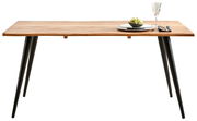 Moderner Esstisch aus Holz mit schwarzen Metallbeinen, seitliche Perspektive