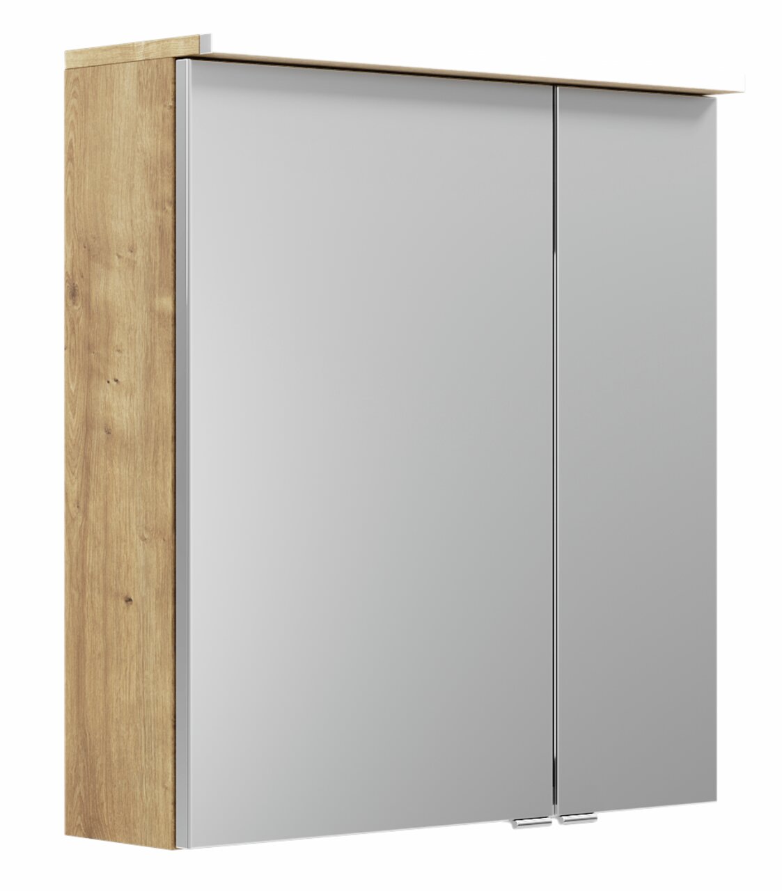 Spiegelkast met houten zijkant, twee deuren, zijaanzicht
