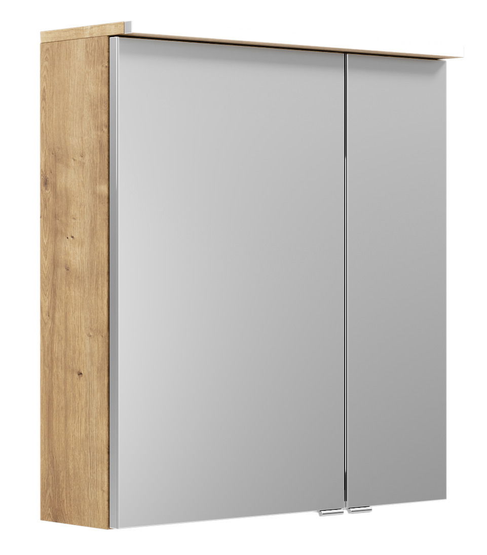 Spiegelschrank mit Holzseitenansicht, zwei Türen, seitliche Perspektive