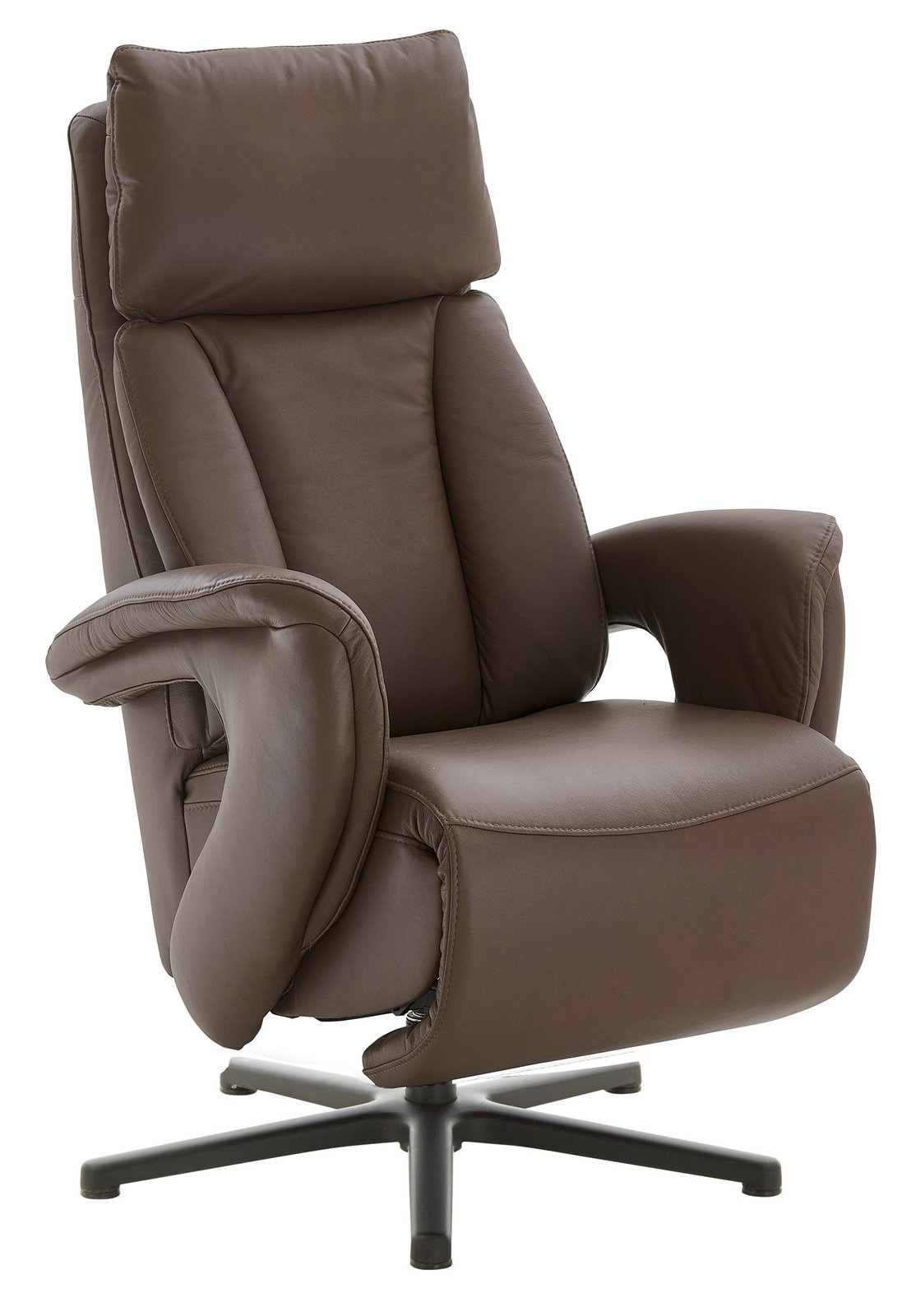 Brauner Relax-Sessel aus Leder mit hoher Rückenlehne und Armlehnen, seitliche Perspektive