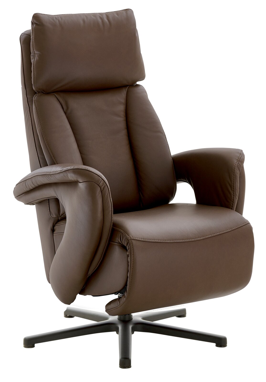 Bruine lederen relaxfauteuil met hoge rugleuning en armleuningen, zijaanzicht