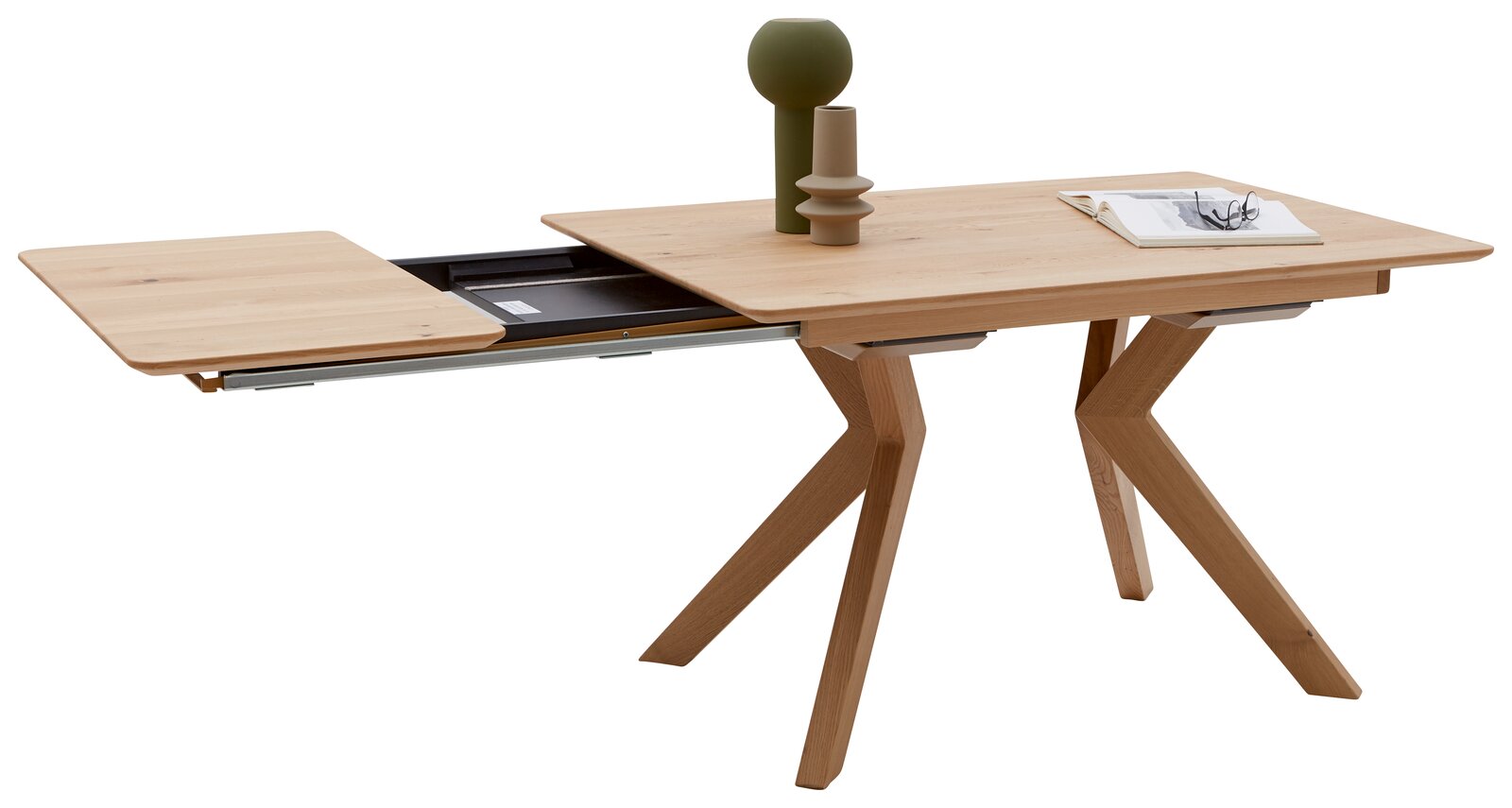 Moderner Esstisch aus Holz mit ausziehbarer Tischplatte, seitliche Perspektive