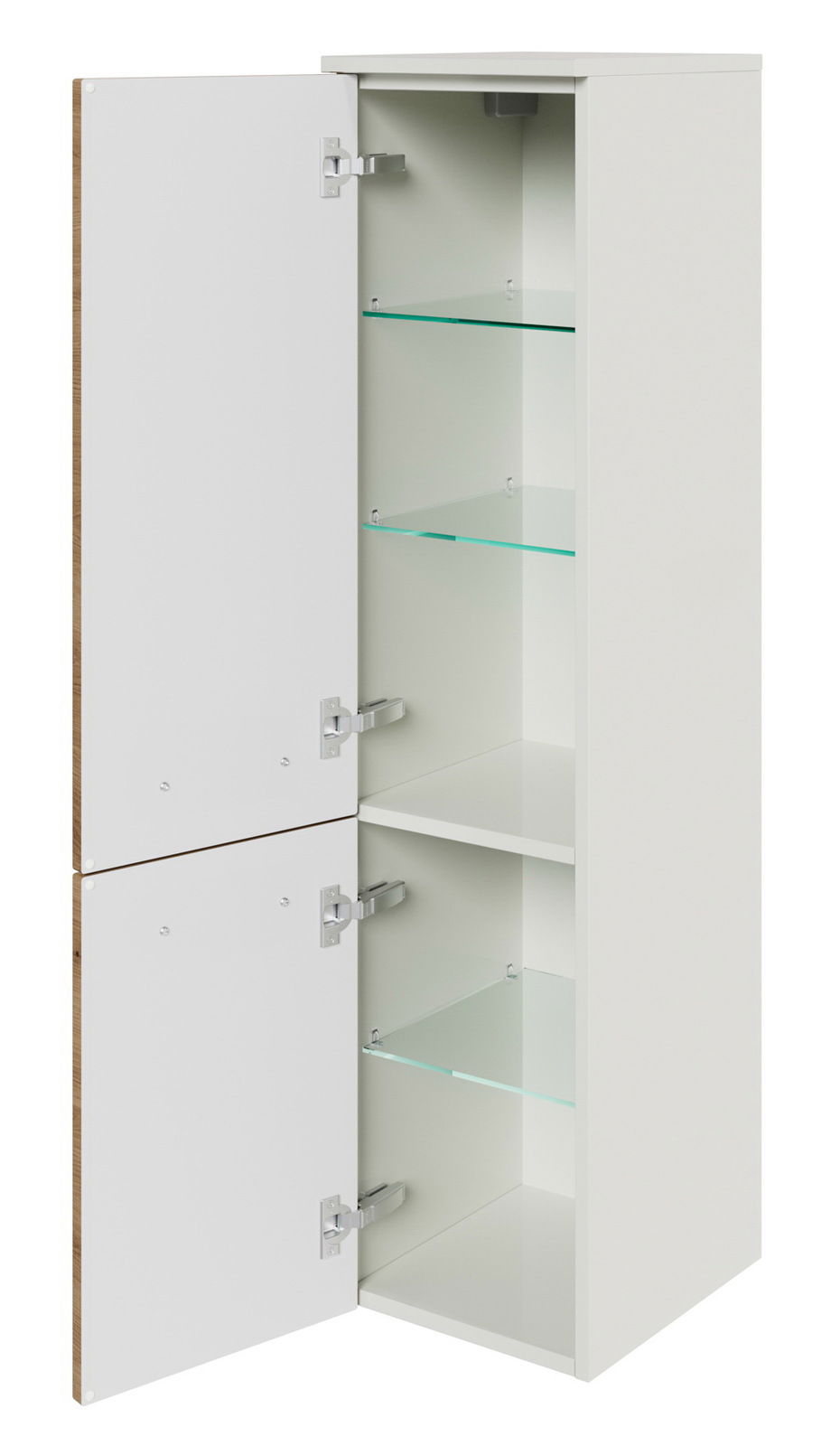 Sadena Midischrank PLAKA Weißer Midischrank mit zwei Glastüren, geöffnet, seitliche Perspektive