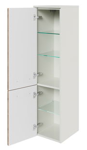 Weißer Midischrank mit zwei Glastüren, geöffnet, seitliche Perspektive