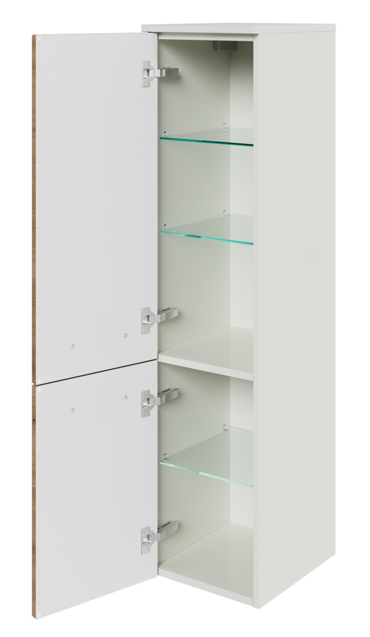 Sadena Midischrank PLAKA Weißer Midischrank mit zwei Glastüren, geöffnet, seitliche Perspektive