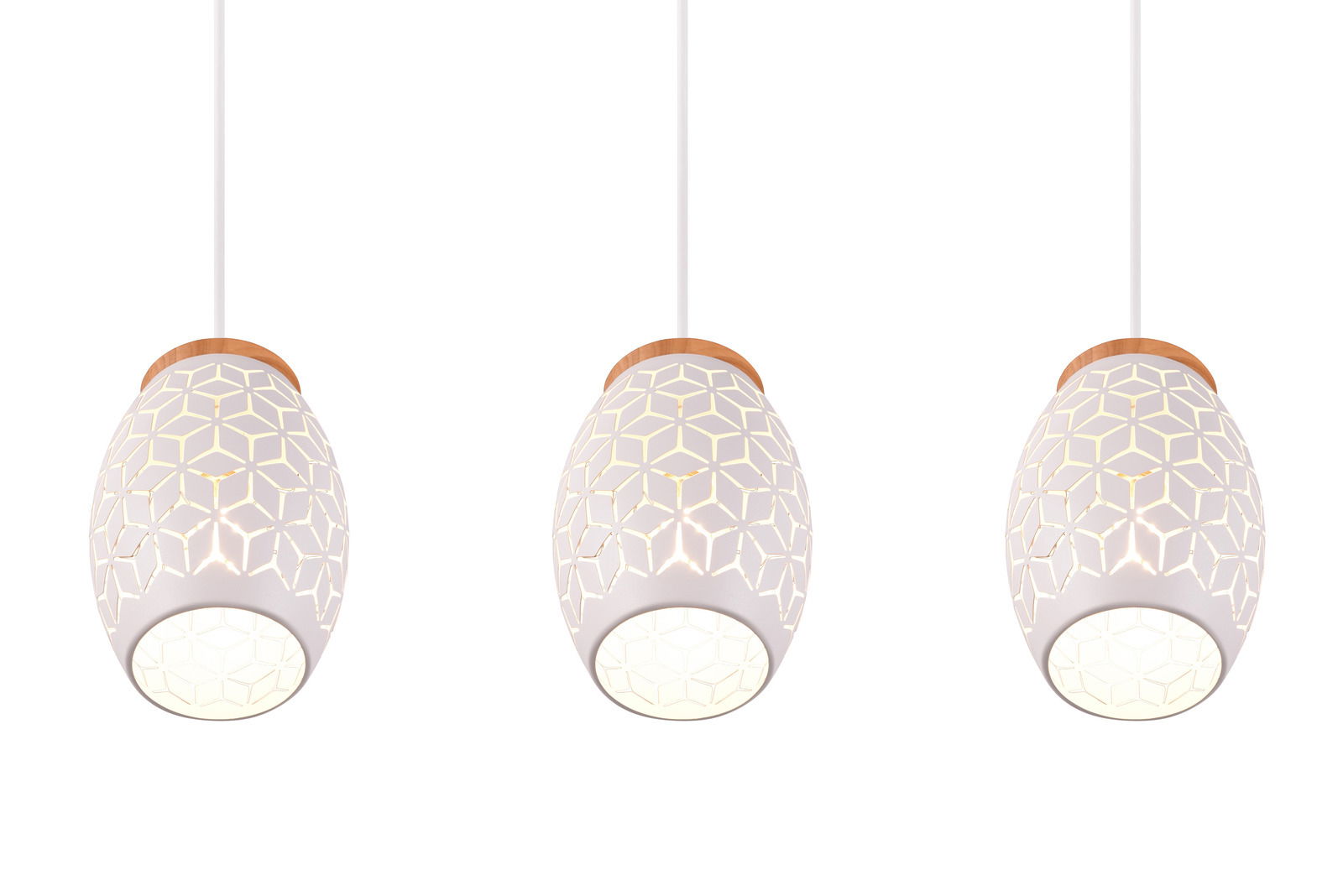 Drei moderne Pendelleuchten mit geometrischem Muster, aus der Vorderansicht fotografiert.
