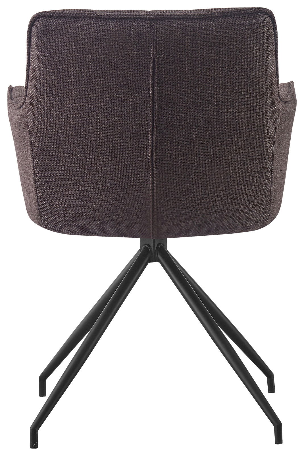 Rückansicht eines Armlehnstuhls mit dunklem Stoffbezug und schwarzen Metallbeinen.