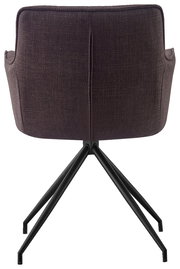 Rückansicht eines Armlehnstuhls mit dunklem Stoffbezug und schwarzen Metallbeinen.