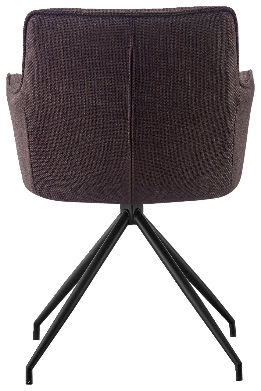 Rückansicht eines Armlehnstuhls mit dunklem Stoffbezug und schwarzen Metallbeinen.