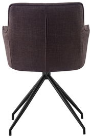 Rückansicht eines Armlehnstuhls mit dunklem Stoffbezug und schwarzen Metallbeinen.