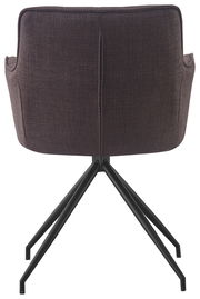 Rückansicht eines Armlehnstuhls mit dunklem Stoffbezug und schwarzen Metallbeinen.