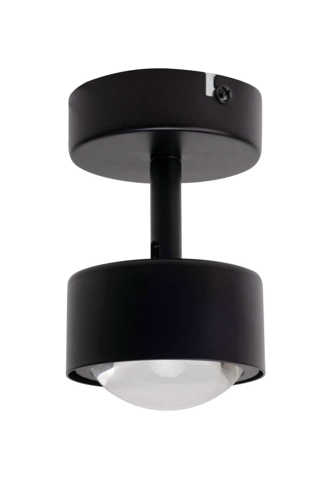 Schwarzer LED-Strahler aus der Seitenperspektive, zylindrisches Design mit sichtbarer Glühbirne.