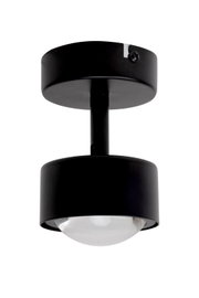 Schwarzer LED-Strahler aus der Seitenperspektive, zylindrisches Design mit sichtbarer Glühbirne.