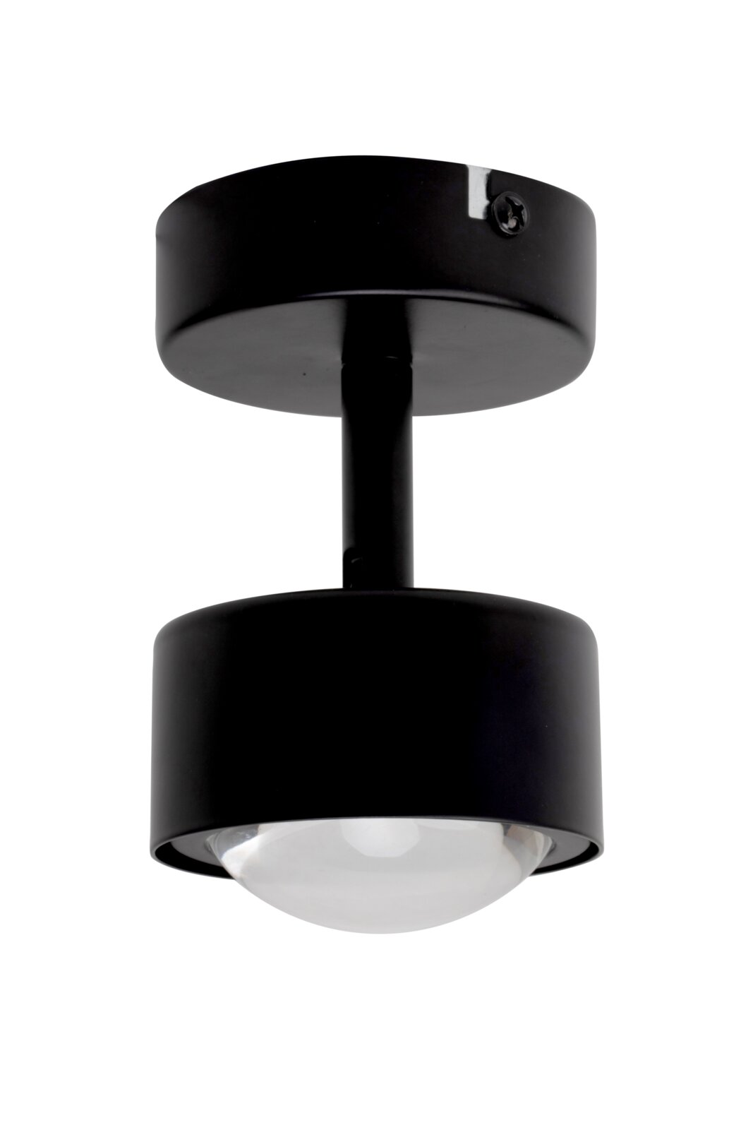 Schwarzer LED-Strahler aus der Seitenperspektive, zylindrisches Design mit sichtbarer Glühbirne.