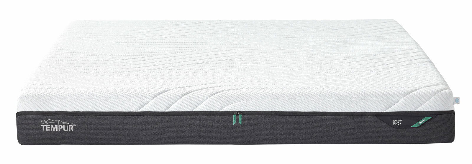 Viscomatratze 180x200 medium von vorne, mit weißer Oberfläche und grauem Rand, Markenlogo sichtbar.