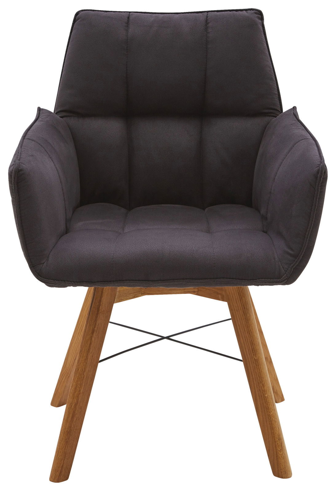 Moderner Armlehnenstuhl mit gepolstertem, dunkelgrauem Sitz und Holzbeinen, Frontalansicht
