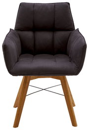 Moderner Armlehnenstuhl mit gepolstertem, dunkelgrauem Sitz und Holzbeinen, Frontalansicht