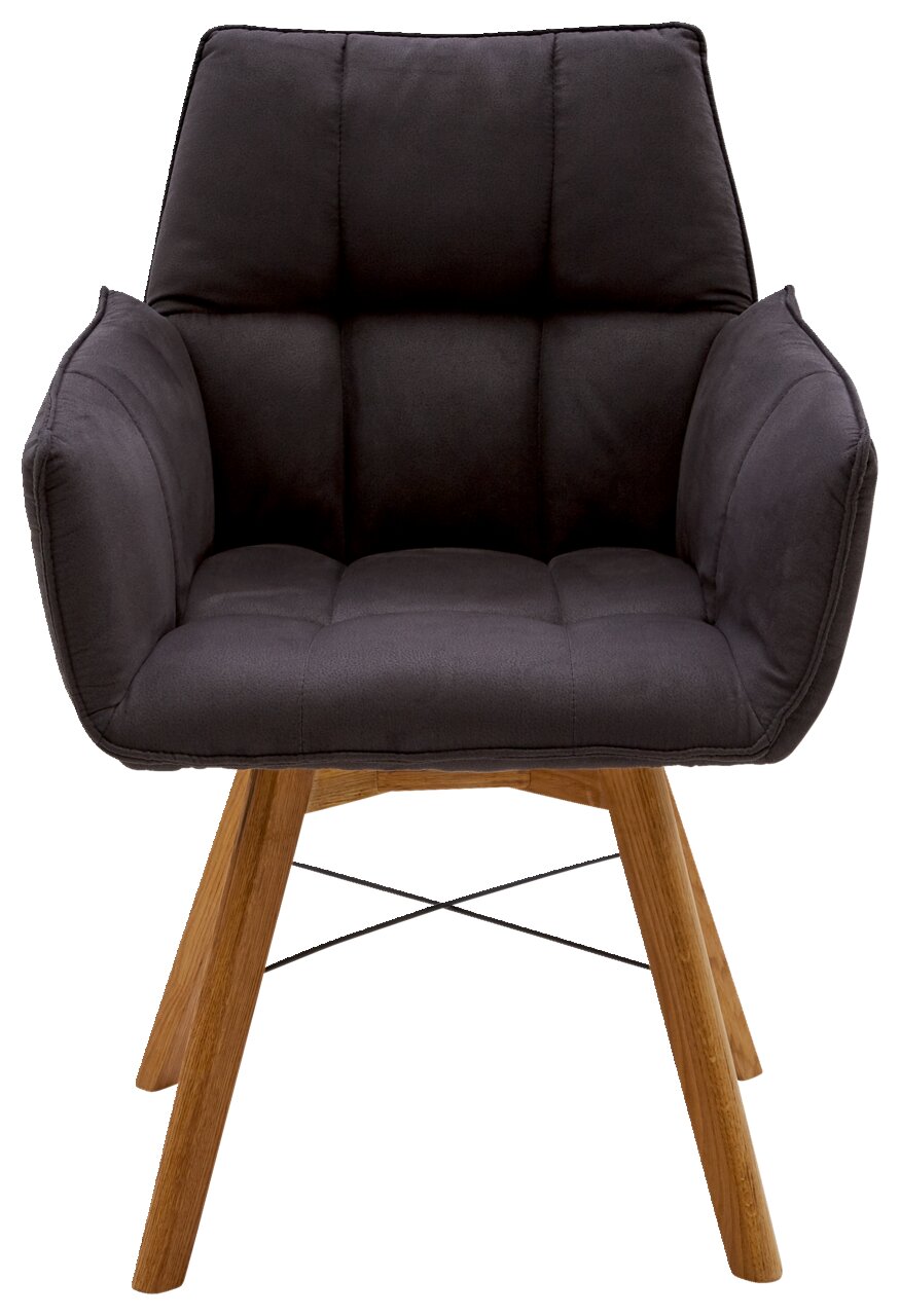 Moderner Armlehnenstuhl mit gepolstertem, dunkelgrauem Sitz und Holzbeinen, Frontalansicht
