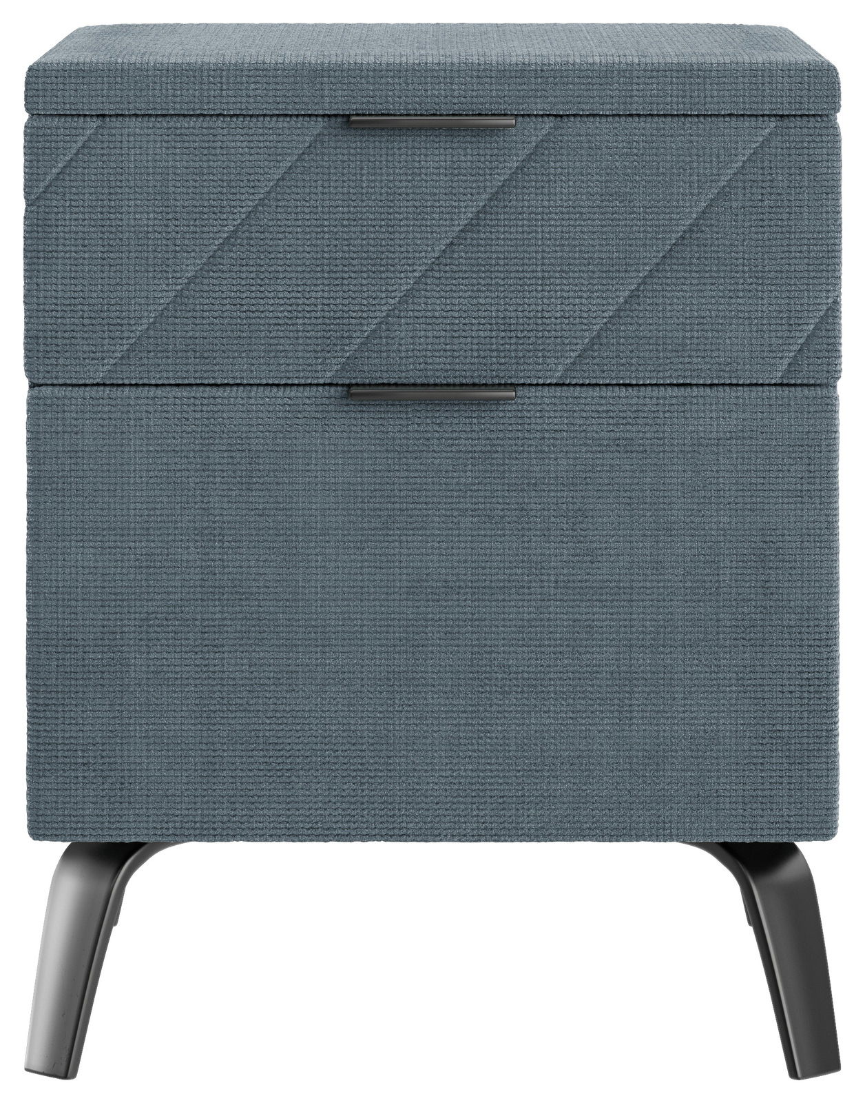 Esposa Nachtkonsole MANACOR Moderne Nachtkonsole in blauer Stoffoptik mit zwei Schubladen und schwarzen Metallbeinen, Frontalansicht