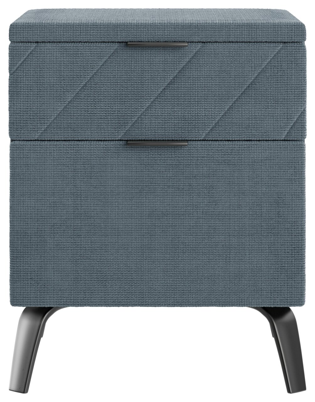 Moderne Nachtkonsole in blauer Stoffoptik mit zwei Schubladen und schwarzen Metallbeinen, Frontalansicht