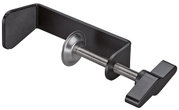 Schwarze Tischklemme mit Metallgewindeschraube und T-Griff zur Befestigung an einer Tischkante, seitliche Perspektive auf weißem Hintergrund