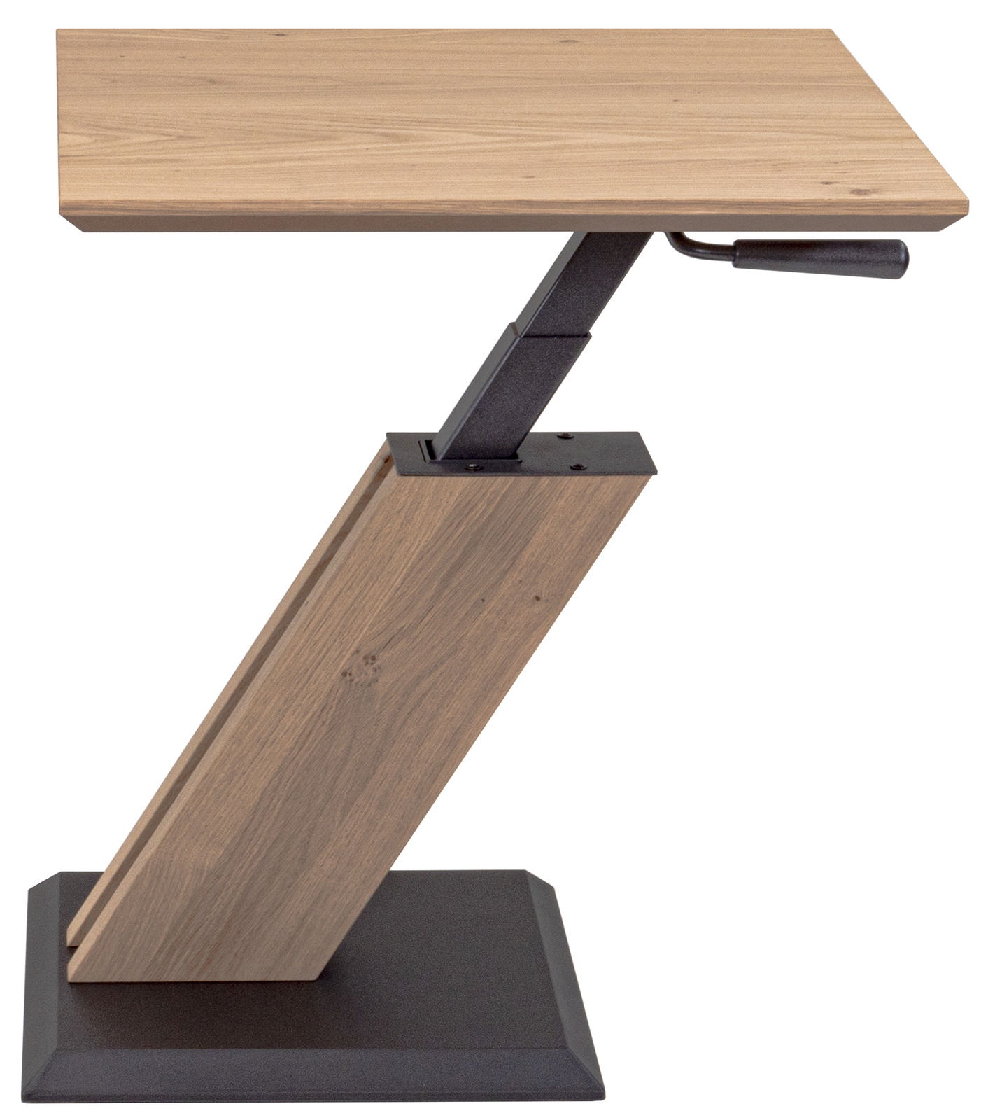 Moderner Beistelltisch mit Holzplatte und verstellbarem Metallgestell, seitliche Perspektive