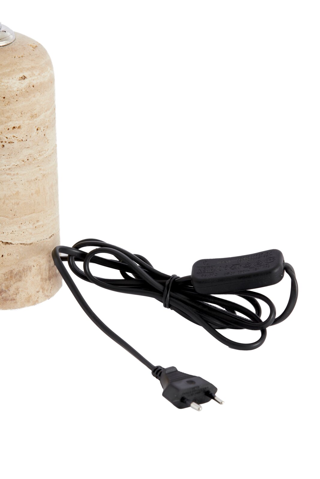 Nahaufnahme eines Lampenfußes aus Stein mit schwarzem Kabel und Schalter.