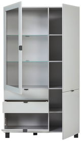 Vitrine mit geöffneten Türen und Schubladen, Frontansicht