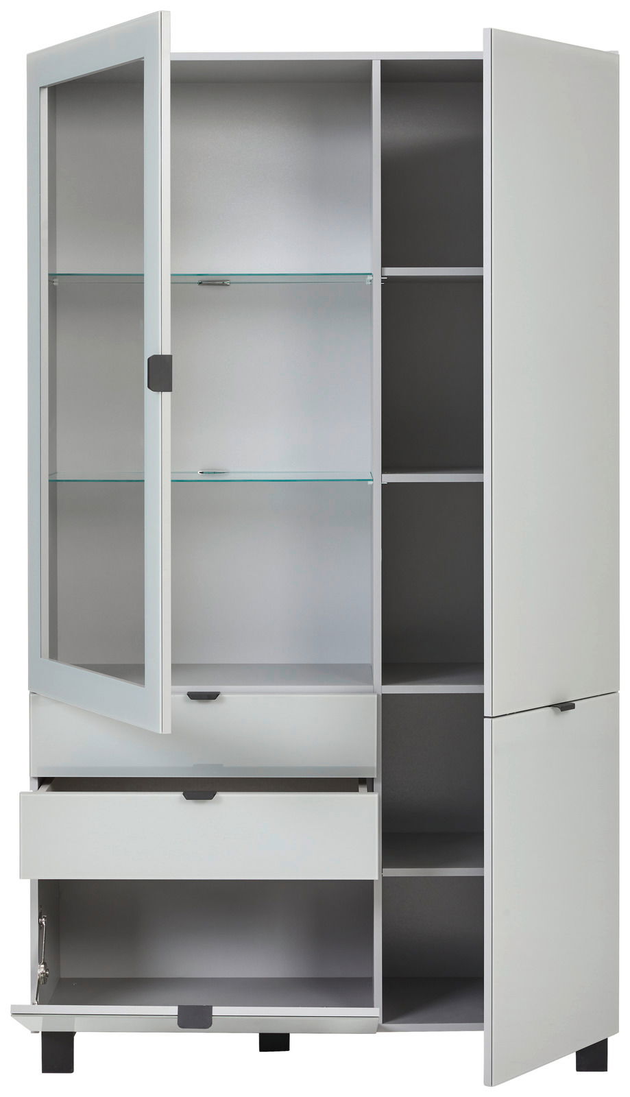 Vitrine mit geöffneten Türen und Schubladen, Frontansicht