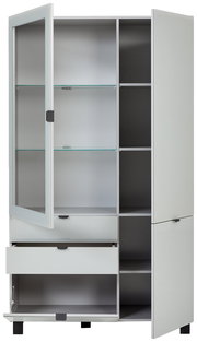 Vitrine mit geöffneten Türen und Schubladen, Frontansicht