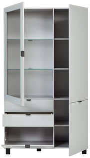 Vitrine mit geöffneten Türen und Schubladen, Frontansicht