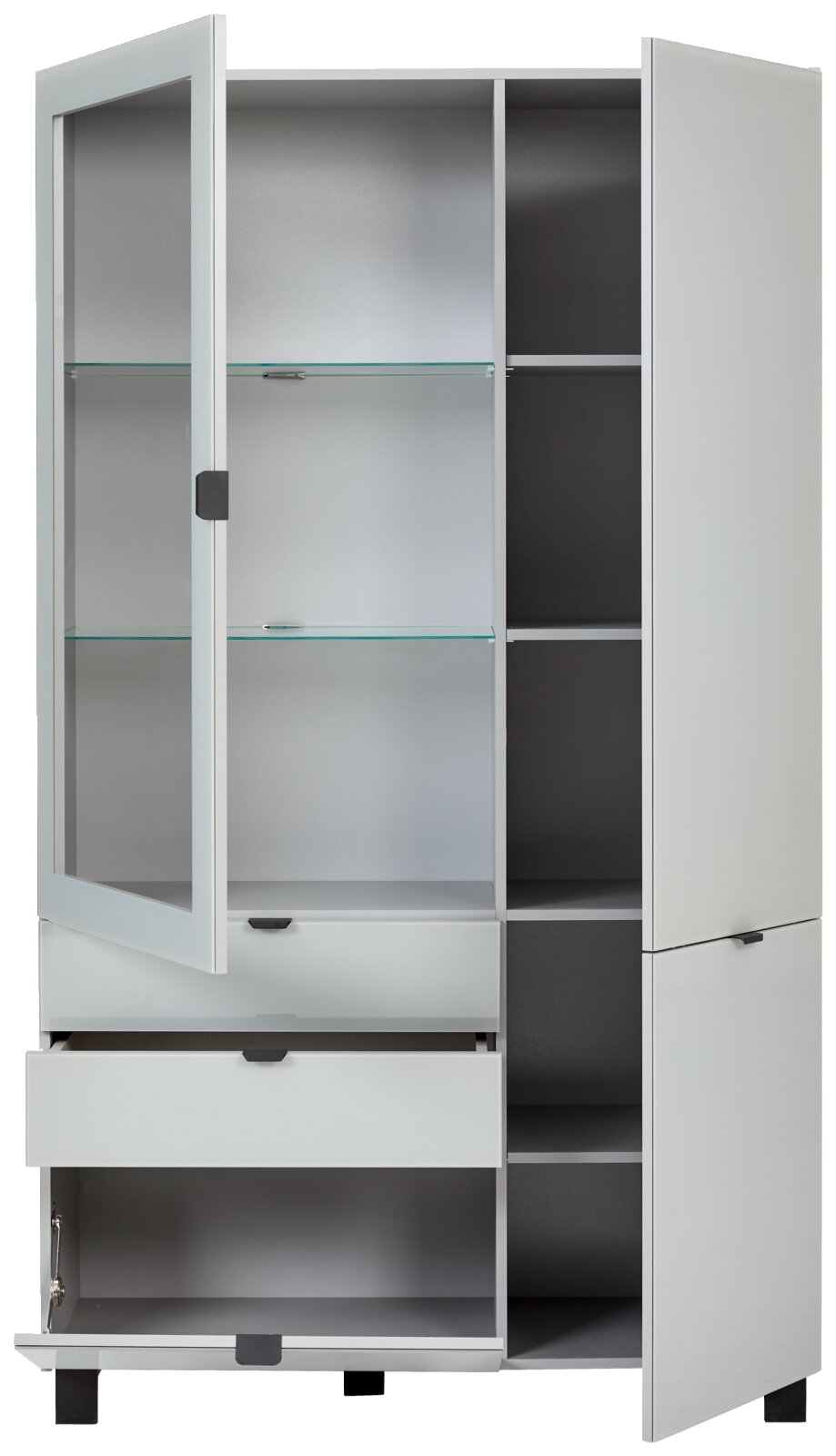 Vitrine mit geöffneten Türen und Schubladen, Frontansicht