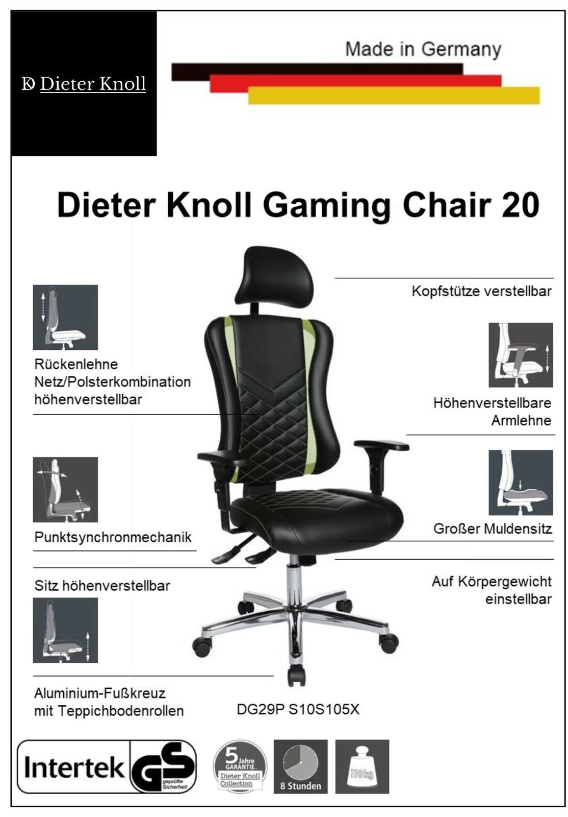 Gaming Stuhl mit verstellbarer Kopfstütze und Armlehnen, höhenverstellbarem Sitz und Rückenlehne, Punkt-Synchronmechanik, großem Muldensitz, Aluminium-Fußkreuz mit Teppichbodenrollen, seitliche Perspektive.