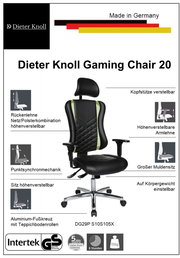 Gaming Stuhl mit verstellbarer Kopfstütze und Armlehnen, höhenverstellbarem Sitz und Rückenlehne, Punkt-Synchronmechanik, großem Muldensitz, Aluminium-Fußkreuz mit Teppichbodenrollen, seitliche Perspektive.